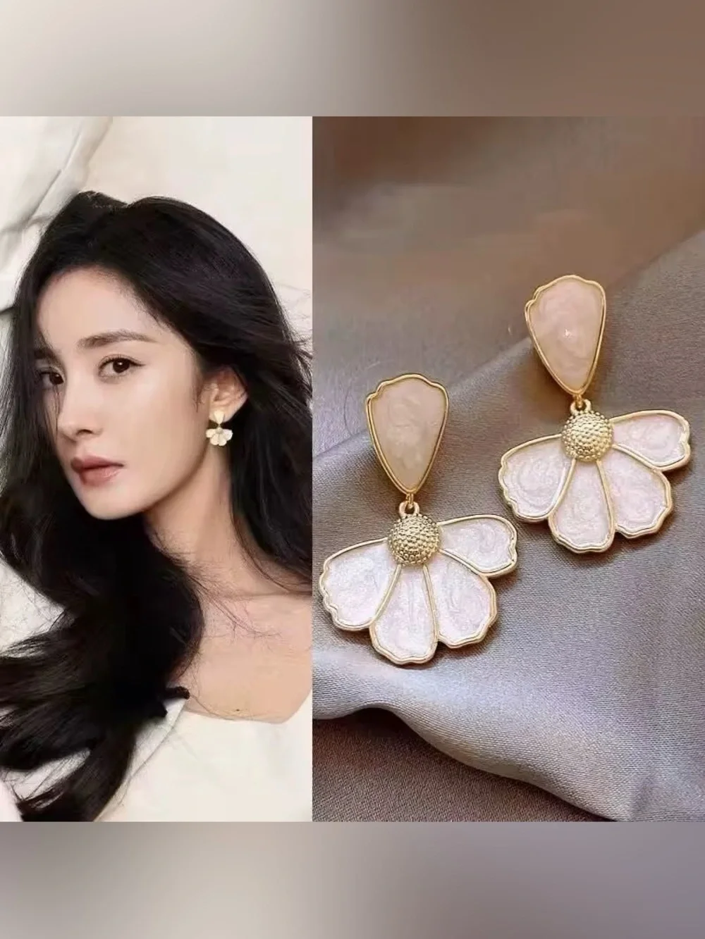 ***Delicate White Petal Drop Earrings - Gold Trim